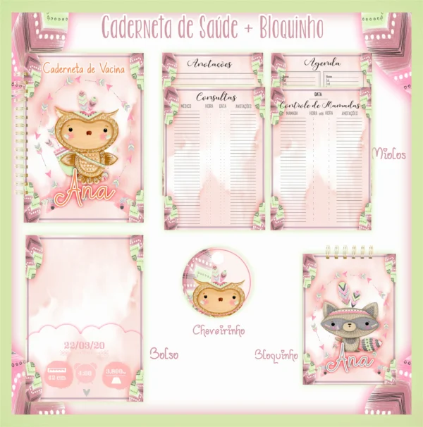Arquivo Digital KIT Caderneta de vacina BOSQUE TRIBAL MENINA 01