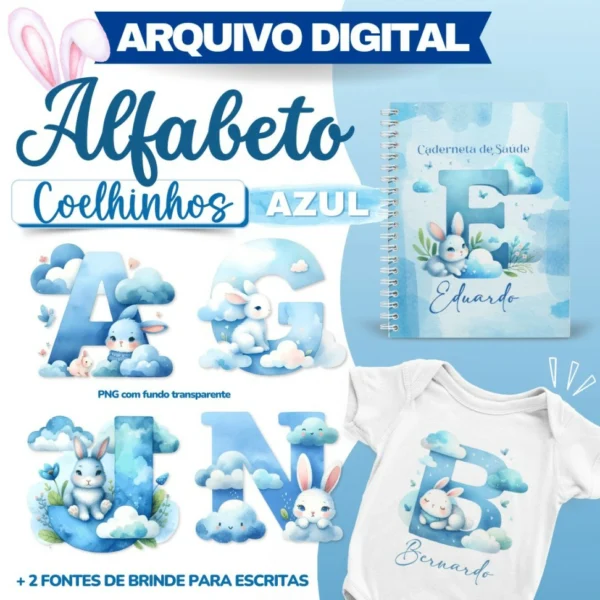 ARQUIVO DIGITAL KIT ILUSTRAÇÕES ALFABETO COELHO AZUL MENINO 01