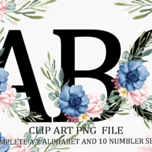 Arquivo Digital KIT ILUSTRAÇÕES ALFABETO FLORAL AZUL 01